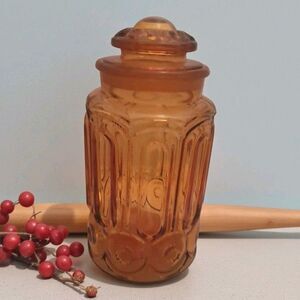 L E Smith Glass Co Moon And Stars Canister, Large,Read